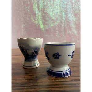 Vintage Delft Windmill Floral Pattern‎ Egg Cups Blue & White Set Of 2